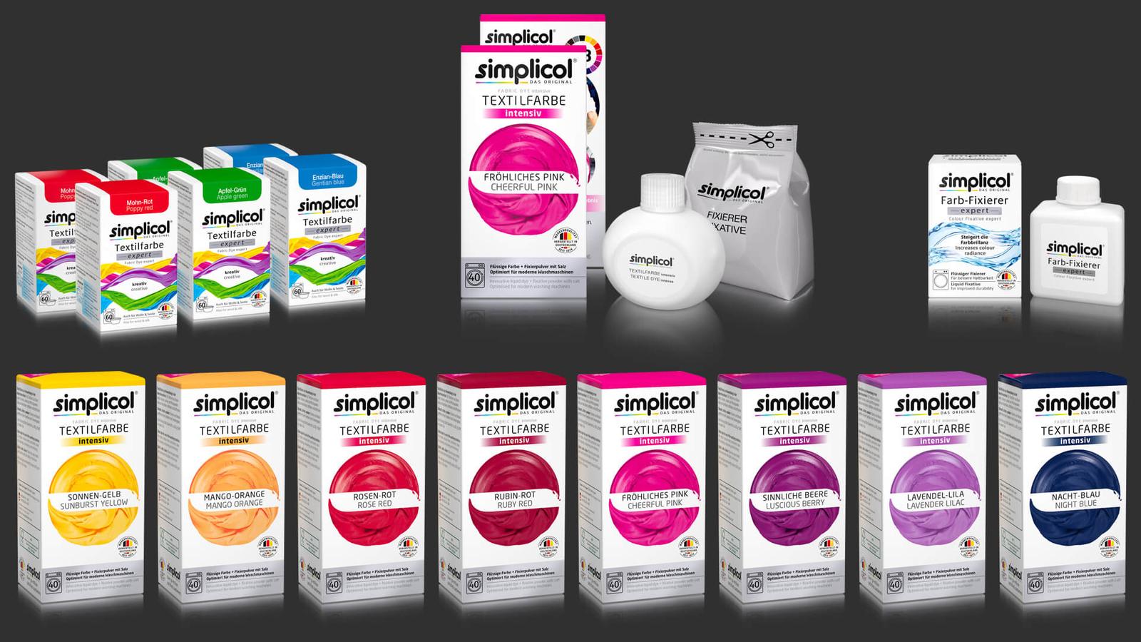 3D-Packshot von Simplicol-Textilfarbe, freigestellt auf Weiß