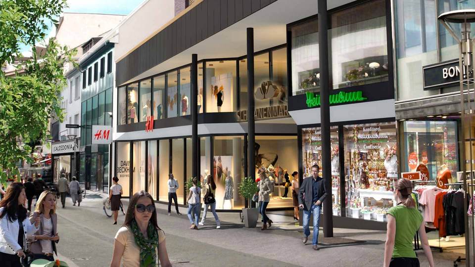 Fotomontage eines geplanten Baukörpers in der bestehenden Straße